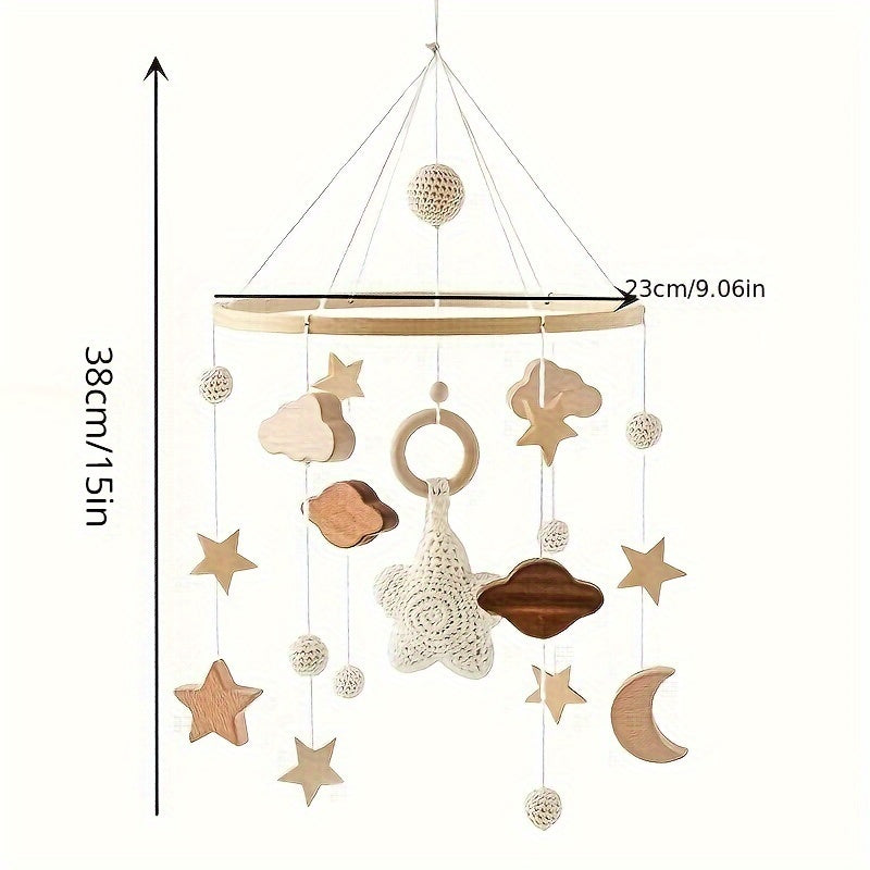 Hand-crocheted wooden bed bell with stars, perfect for crib or stroller.