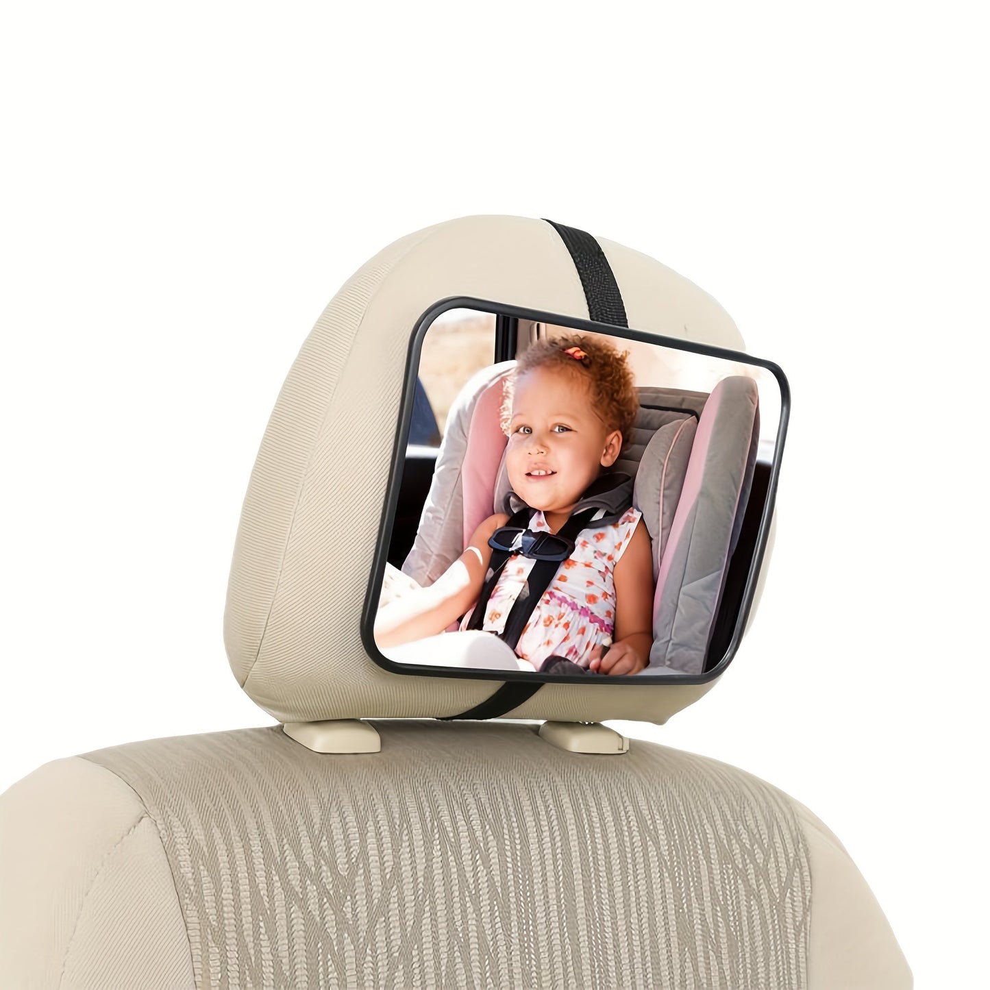 Fully assembled shatterproof 1 piece safety mirror for rear-facing car seats, providing a wide crystal-clear view.