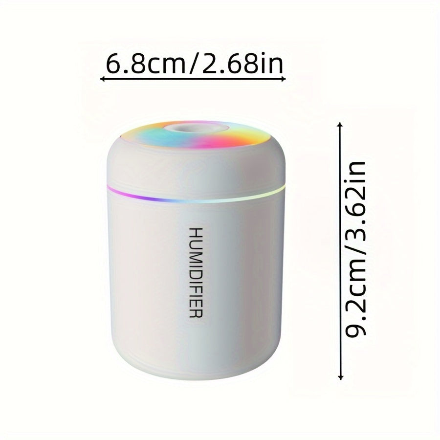 Compact portable humidifier with aromatherapy feature, USB-powered, 180ml mist volume, LED lights, suitable for car and home use, compatible with essential oils (battery not included).