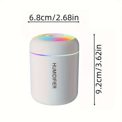 Compact portable humidifier with aromatherapy feature, USB-powered, 180ml mist volume, LED lights, suitable for car and home use, compatible with essential oils (battery not included).