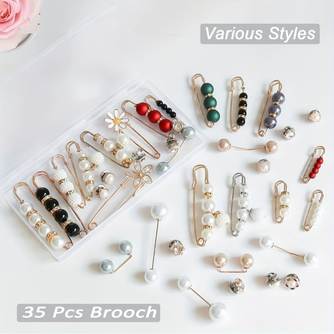 Set of 35 elegant alloy brooches featuring minimalist irregular shapes. Perfect for cinching the waist of jeans and dresses, these brooches also double as anti-exposure safety clips and clothing fasteners. Versatile lapel pins that can be worn as