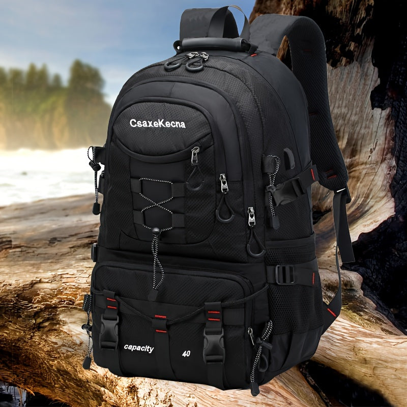 Durable polyester backpack with USB charging port, fits 17-inch laptop, ideal for hiking, camping, and travel.