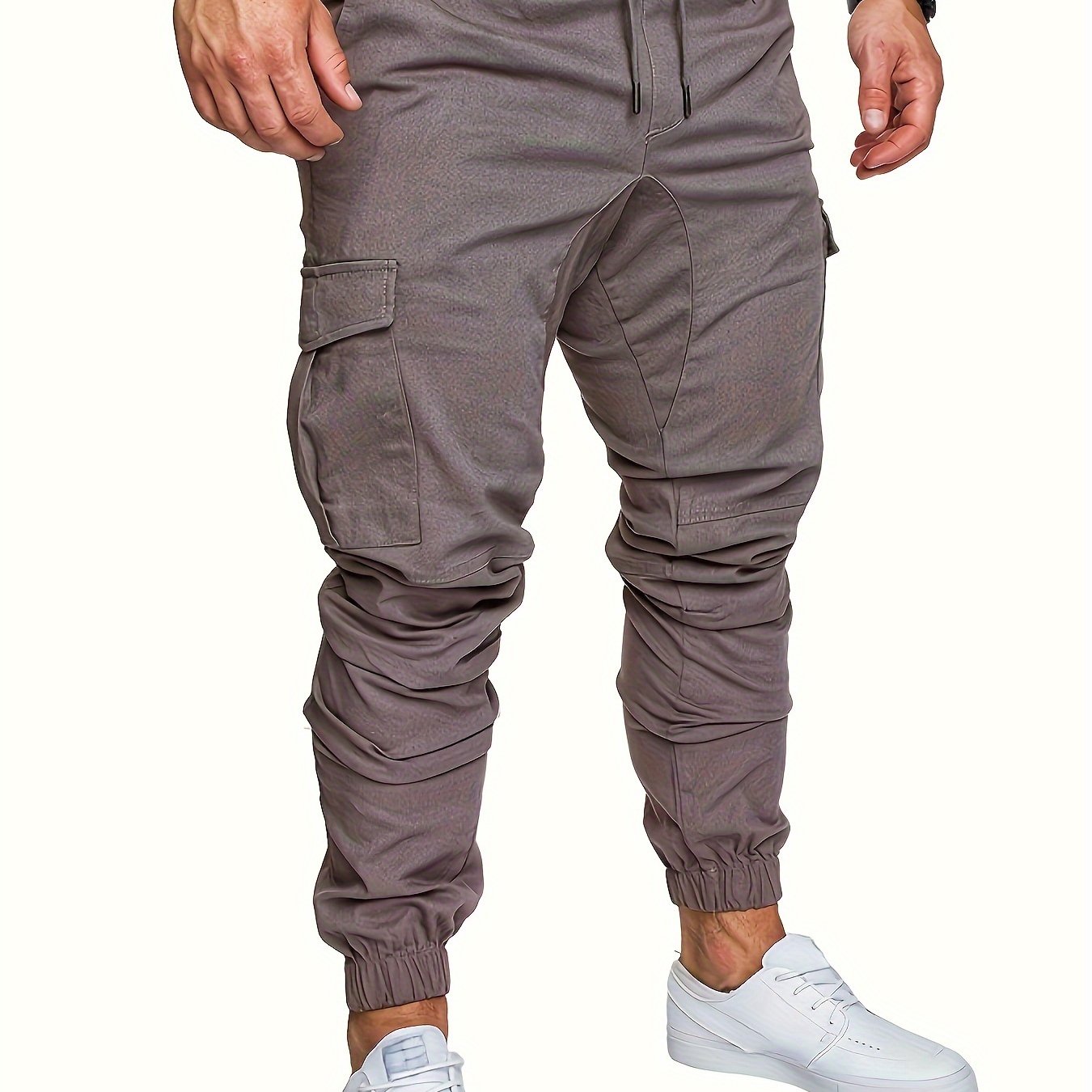 Men's casual cotton cargo pants with solid color, regular length, non-stretch fabric, drawstring waist, standard fit, and woven weave, suitable for all seasons.