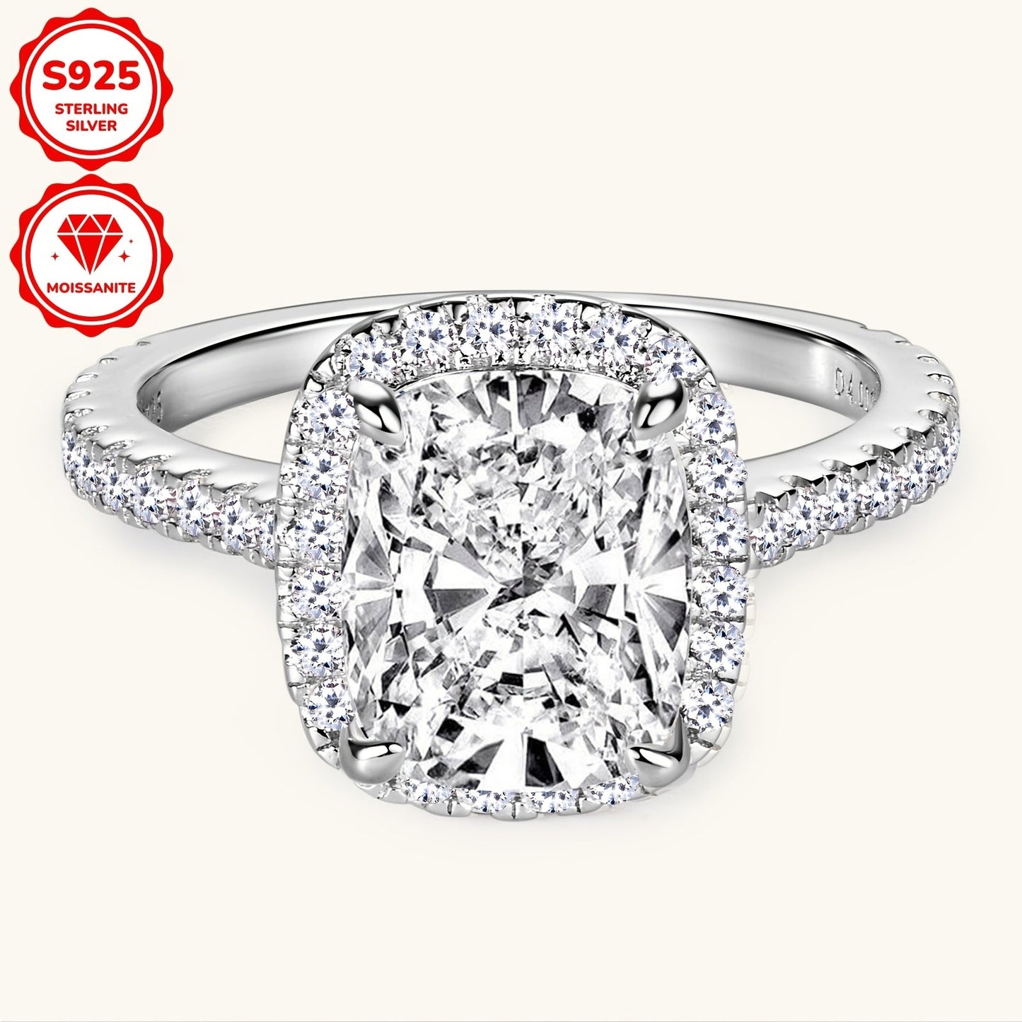 Elegant 4CT Moissanite Engagement Ring - US10 Size, VVS1 Clarity, D-E Color, 925 Sterling Silver with Halo Diamond Setting & Cubic Zirconia Side Stones, High-Polished, Ideal for Weddings & Anniversaries.