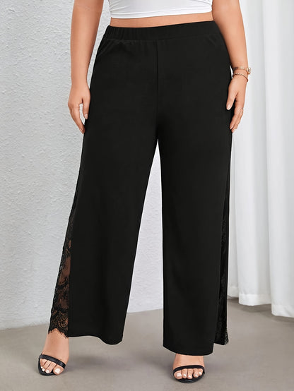 Elegant high waist loose pants with lace stitching for spring & summer, in plus sizes.