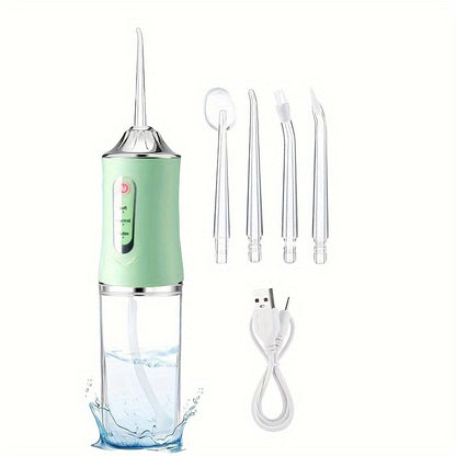 Portable water flosser with rechargeable battery, USB charging, 3 modes, 4 nozzles, plastic material for deep cleaning teeth.