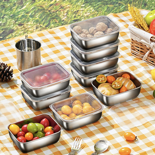 A set of 5 stainless steel food containers with lids, perfect for picnics, meal prep, fridge organization, and kitchen essentials, safe for food contact and does not require electricity.