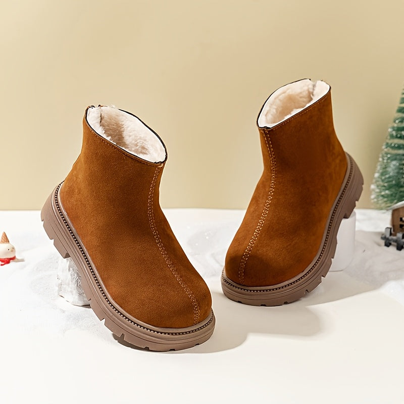 Stylish winter ankle boots with cozy plush lining, durable PVC sole, side zipper, round toe, brown upper with black trim. Perfect for boys and girls, casual snow booties for cold weather.