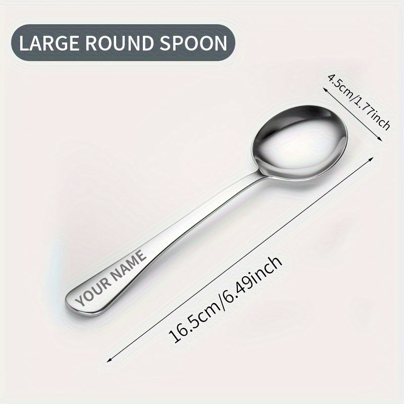 Personalized stainless steel spoon with customized name, perfect gift for family gatherings or birthdays.