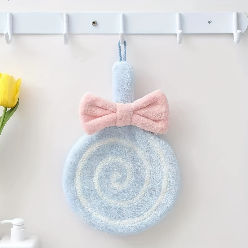 Cute lollipop hand towel made of coral fleece for kitchen and bathroom décor.