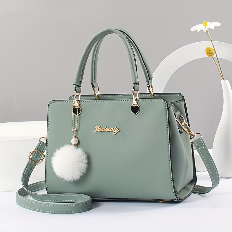 Women's stylish faux leather handbag with tassel embellishment, adjustable strap, zipper closure, and polyester lining. Available in multiple colors.