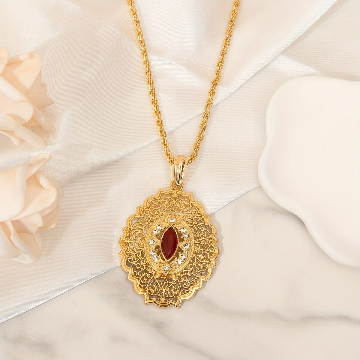 Antique Tribal-Inspired Pendant Necklace featuring a Synthetic August Birthstone, Resin Inlaid with 24K Gold Plating, Intricate Floral Hollow Design, Moroccan Bridal Jewelry with Twisted Chain for Everyday Wear and Special Occasions - Perfect Gift for