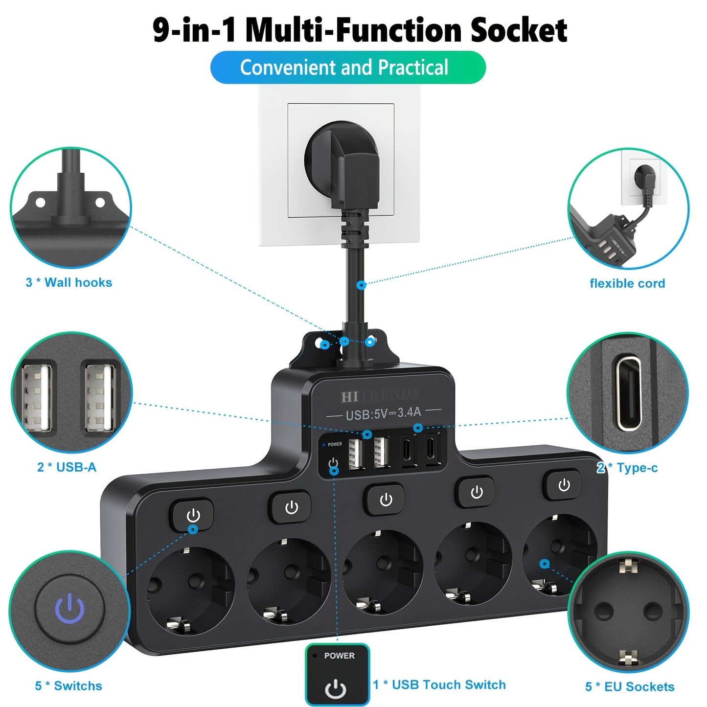 Power strip with 5 EU sockets, 2 USB-A ports, and 2 USB-C ports, smart charging, individual switch, flexible cable, wall-mounted for home, office, dorm use.