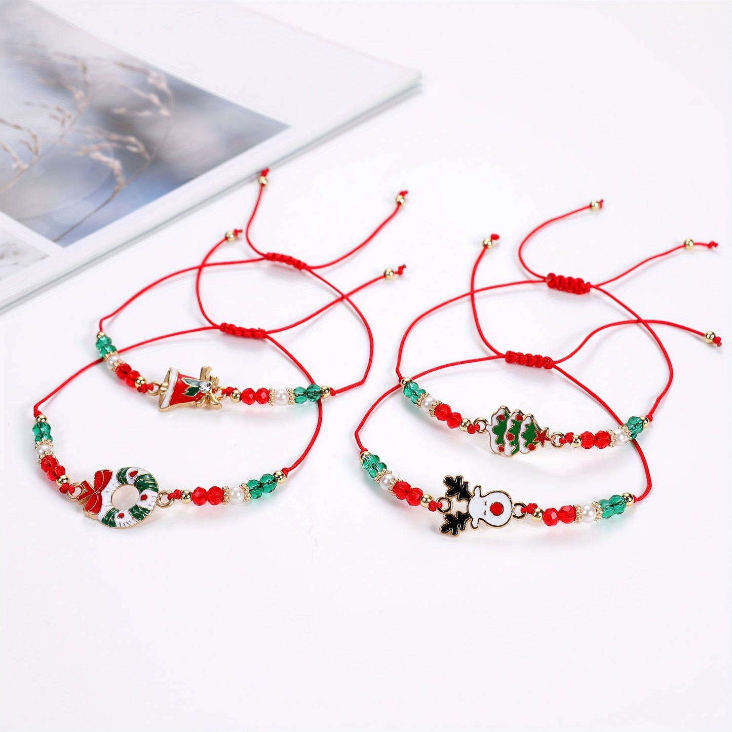 Holiday season Charm Bracelet Set featuring Santa, Reindeer, and Bell Designs with Natural Beads - Ideal for Couples, Men, Women, and Youngsters. Includes Holiday Tree and Woven styles. Contains 12 pieces.