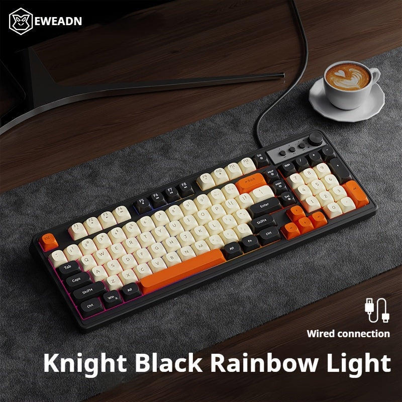 EWEADN Gaming Keyboard with rainbow backlighting and ergonomic design for gamers and office use. Features multimedia knob, ball keycaps, and compatibility with Windows and laptops.