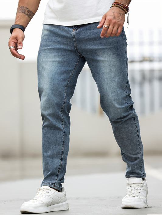 Men's plus size skinny jeans made of 68% cotton, 24% polyester, 6% tencel, and 2% elastane. Features casual solid color denim with pockets and medium stretch. Suitable for all seasons.