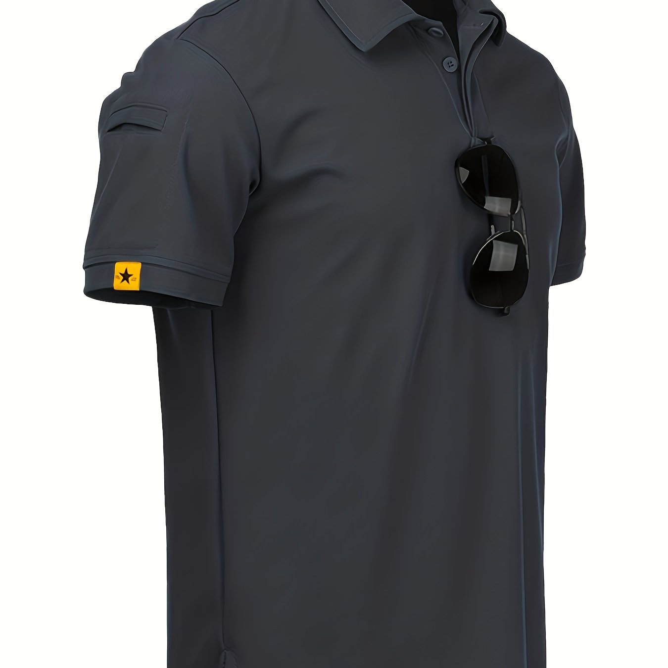 Men's stylish dark blue shirt with geometric pattern, short sleeves, casual & sporty design, made of polyester-spandex blend, with button detail, suitable for golf & tennis, machine