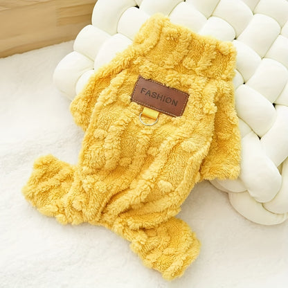 Winter Autumn All-Season Knit Dog Jumpsuit - Machine washable pullover pet outfit made with warm plush fabric and traction hook, featuring a fashion patch and designed for small to medium