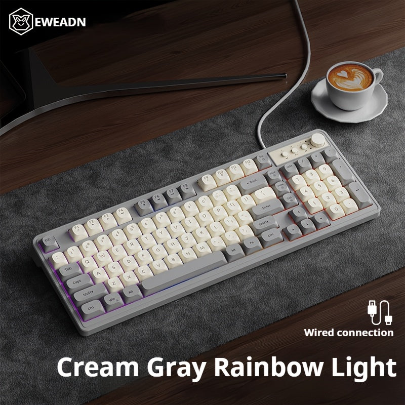 EWEADN Gaming Keyboard with rainbow backlighting and ergonomic design for gamers and office use. Features multimedia knob, ball keycaps, and compatibility with Windows and laptops.