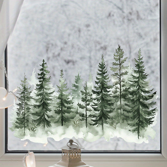 Winter Trees Christmas Window Cling Sticker, Festive Forest Trees Merry Christmas Decor, Watercolor Trees Snow for Home and Party Decor, Shop Window Glass Display Decoration, Room Window Stickers Xmas Tree Snowflake Decals.