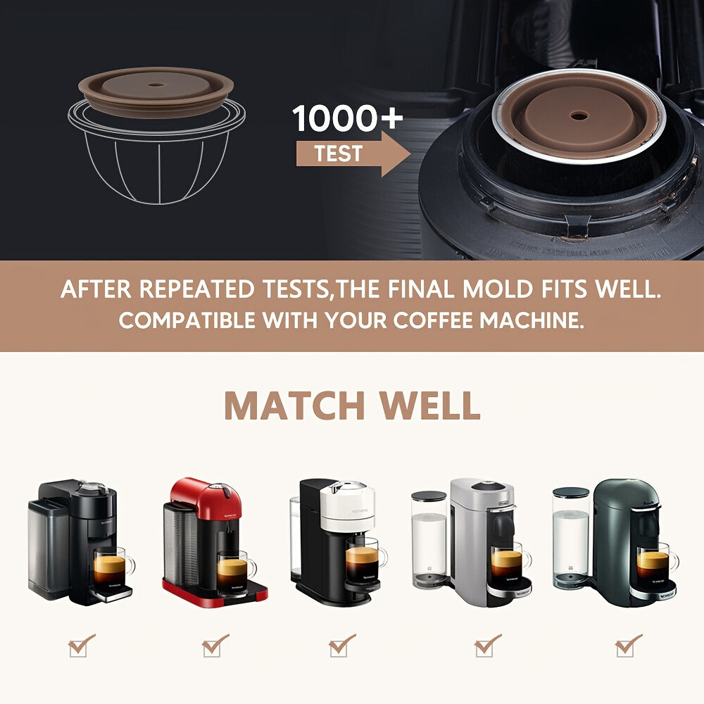 One pack of two reusable coffee capsule lids compatible with Nespresso Pods Vertuo, made of food grade silicone. These caps fit all sizes of reusable Nespresso Vertuo pods and come with a scoop and brush for easy refill.