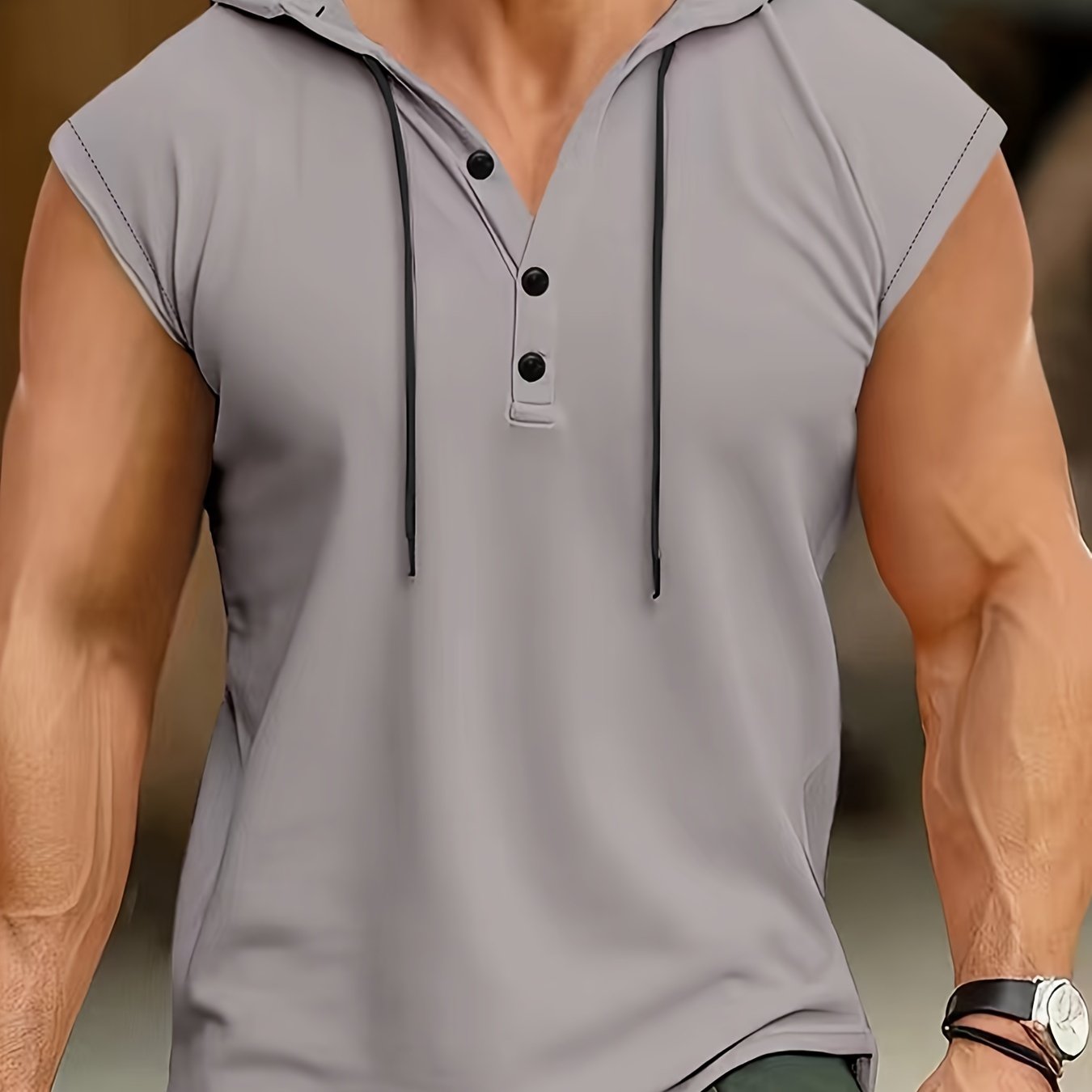 Lightweight, breathable polyester sleeveless hooded Henley shirt for men, perfect for summer casual or sporty wear. Features button detailing and is machine washable.