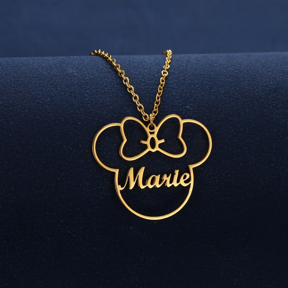 Personalized Women's Pendant Necklace - Beautiful Cartoon Style with Custom Name and Bow Design, Made of 304 Stainless Steel, Customizable Necklace with Butterfly Bow Pendant