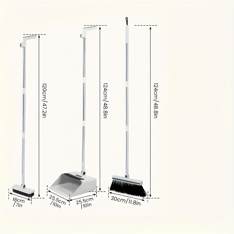 3-in-1 foldable broom and dustpan set with unflagged bristle sweep brush suitable for multi-surface cleaning in home and dorm rooms.