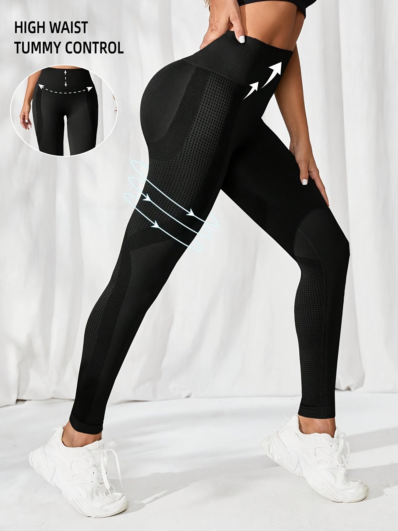 Abdominal control, pleated fitness yoga leggings in two solid colors. Made of high-elasticity polyamide and elastic materials. Ideal for women's activewear and exercise in all seasons.