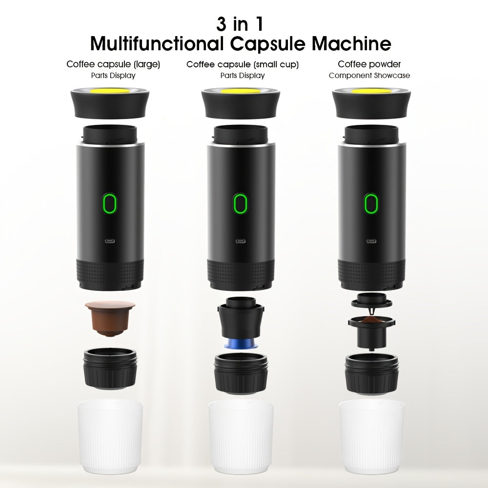 3-in-1 electric coffee maker: capsule and USB portable, perfect for on-the-go use at home, in the car, or outdoors.