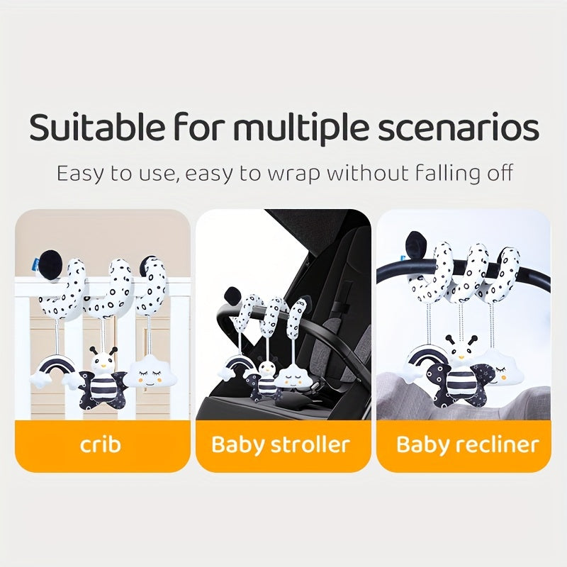 Black and white baby hanging toys with animal-themed designs, perfect for decorating strollers and car seats. These plush spiral toys are ideal for entertaining babies while traveling. Choose from bee, owl, or beetle styles.