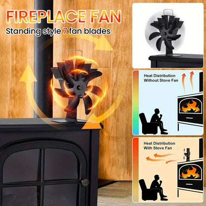 Black Versatile 7-Blade Fireplace Fan - A High-Quality Heat Powered Stove Fan that is Portable, Ideal for Indoor and Outdoor Use.