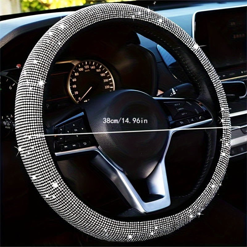 Bling car steering wheel cover made of stretchy spandex, fits most vehicles without inner ring.