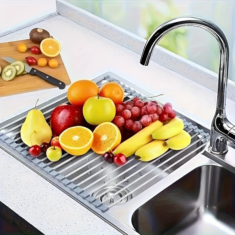 Stainless Steel Roll-Up Dish Drying Rack for Sink - Portable Drainer and Storage Rack with Non-Slip Silicone Edges, Foldable Utility Rack for Kitchen Tools, Includes Sink Grid Mat