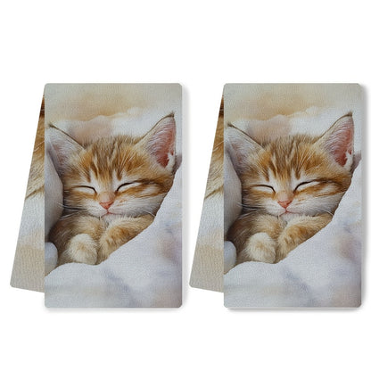 This collection includes 2 ultra-soft kitchen towels with a delightful design of a waking kitten, known for its gentle purring. These towels are highly absorbent, perfect for drying dishes, and can also be used as holiday decorations. They are machine