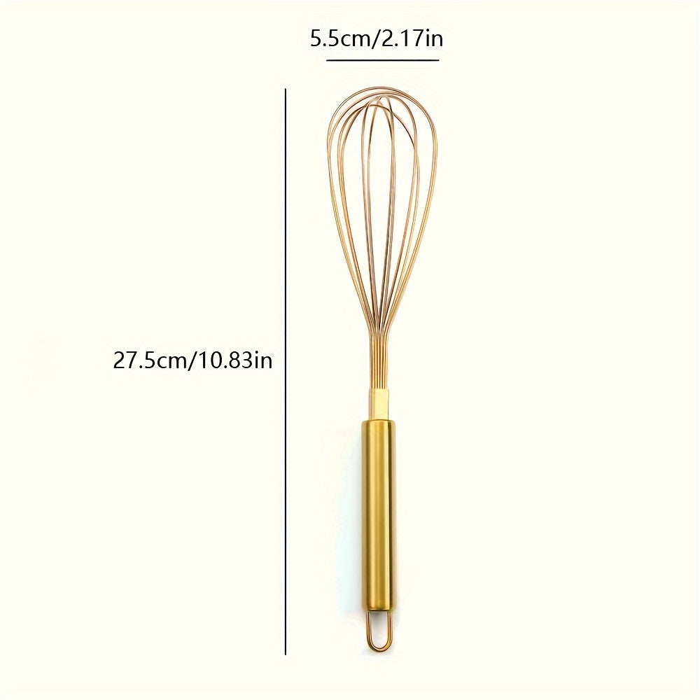 Golden Stainless Steel Egg Whisk is a versatile baking tool that is perfect for cooking in nonstick cookware. This heat-resistant kitchen whisk can be used for mixing, whirling, foaming, and stirring food.