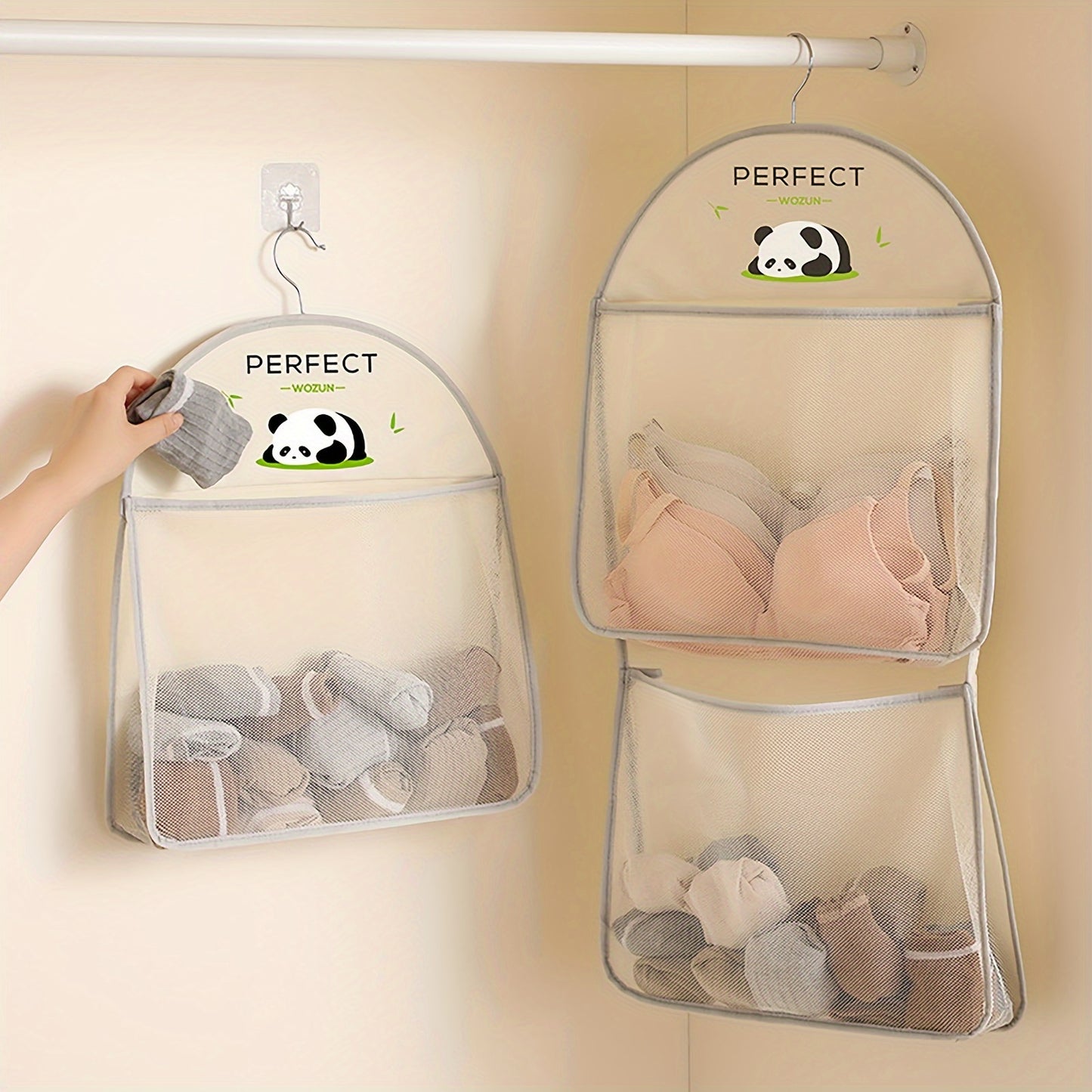 Panda-Themed Nylon Hanging Storage Organizer for Underwear & Socks with Multiple Compartments - Ideal for Bedroom, Bathroom, & Kitchen