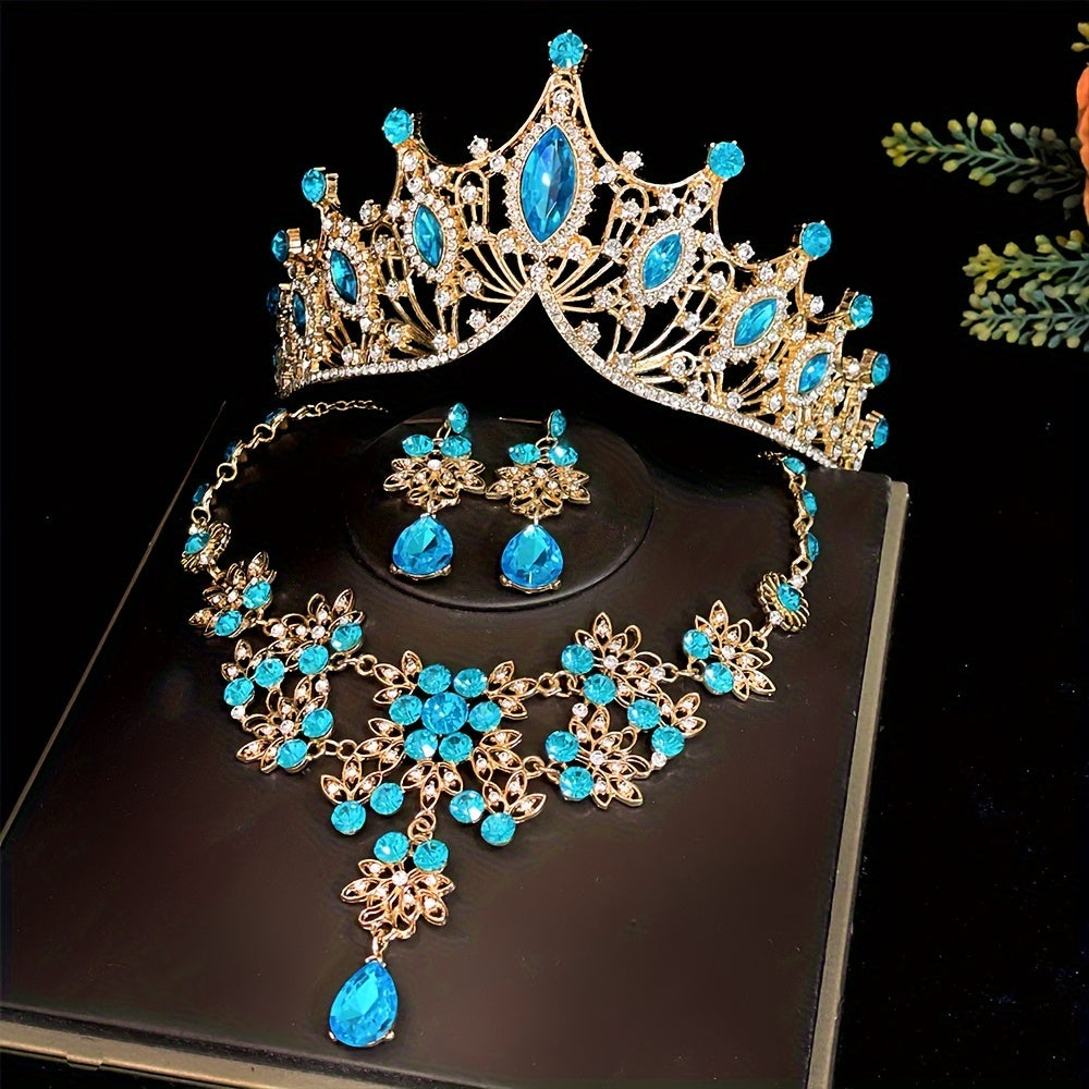 3pc Bridal Crown Set with Tiara, Necklace, and Earrings for Wedding, Photo-shoots, and Parties