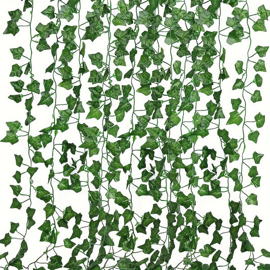 12 artificial ivy vines for room, garden, office, or wedding decor in green. Perfect for wall hanging or DIY wreath-making. Ideal for home and garden decoration in spring and summer.