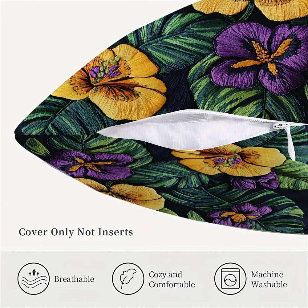 Square Pillow Cover with Tropical Floral Embroidery, Made of 100% Polyester, Double-Sided Design with Zipper Closure, Easy to Clean in Washing Machine, Ideal for Home or Office Farmhouse Style Decoration