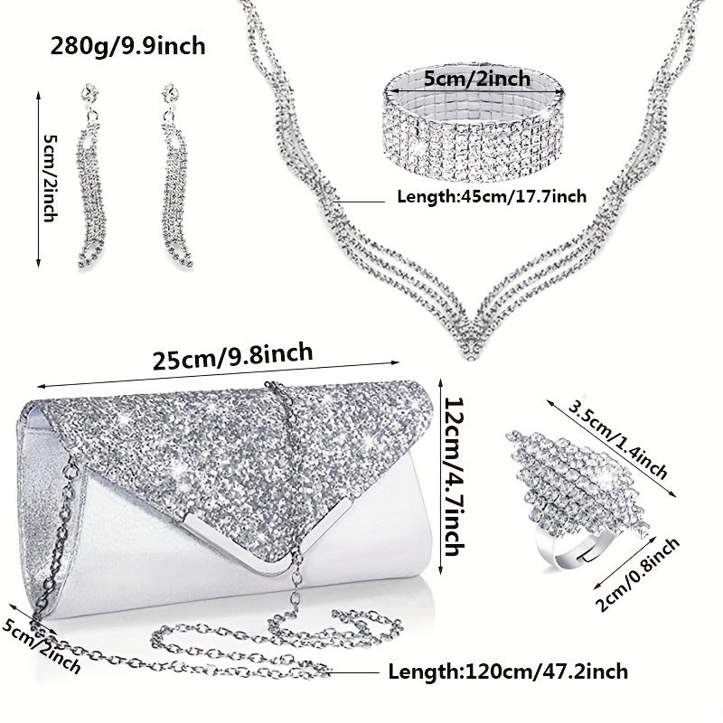 Luxurious jewelry set featuring 6 pieces of earrings, necklace, bracelet, ring, and bag, all adorned with sparkling rhinestones. Perfect for adding a touch of elegance to your evening party attire.