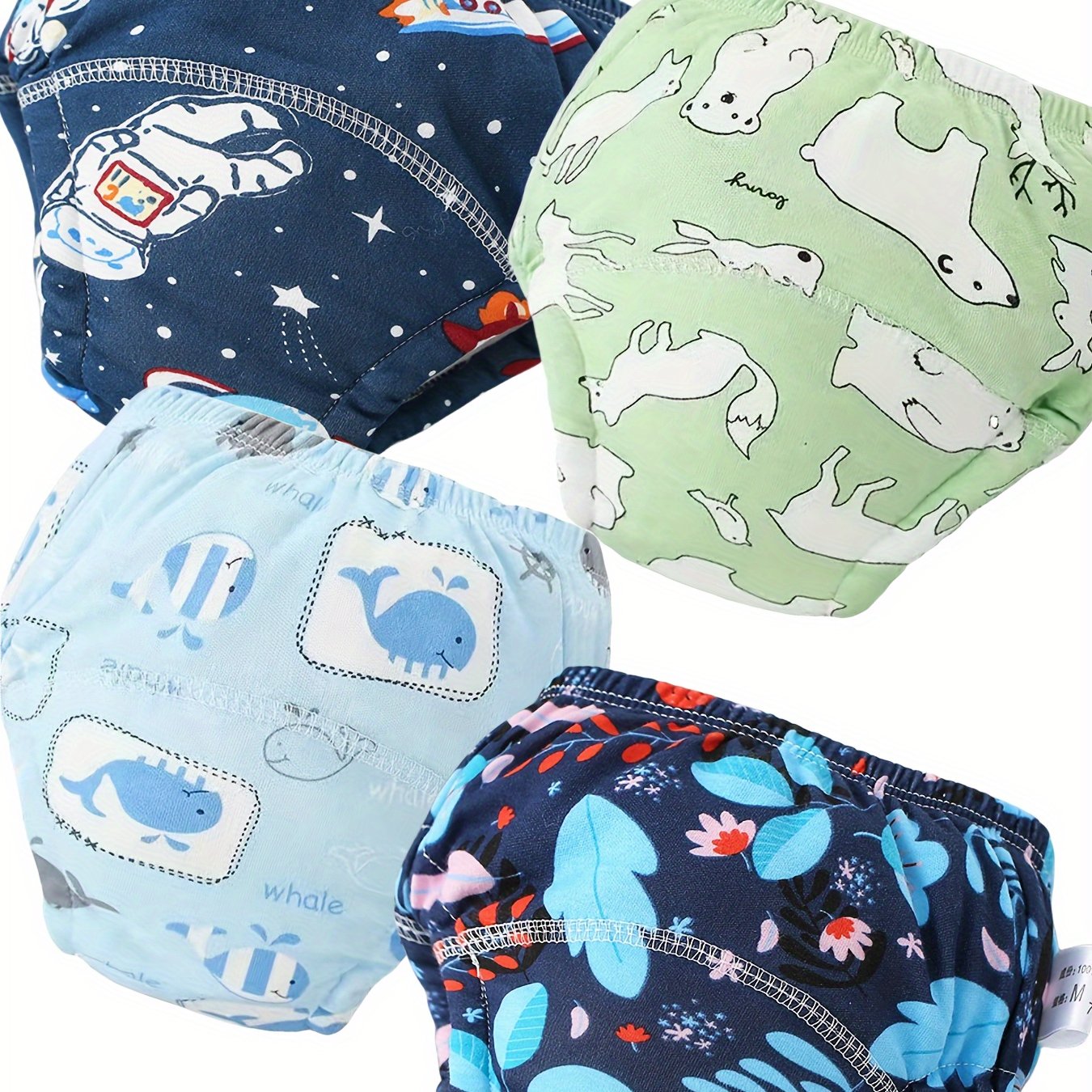 4 Boys' Cotton Training Pants – Comfortable, Breathable, Absorbent Potty Training Diapers with Animal Patterns (Space, Whales, Dinosaurs, Floral) – Machine Washable, All-Season Use