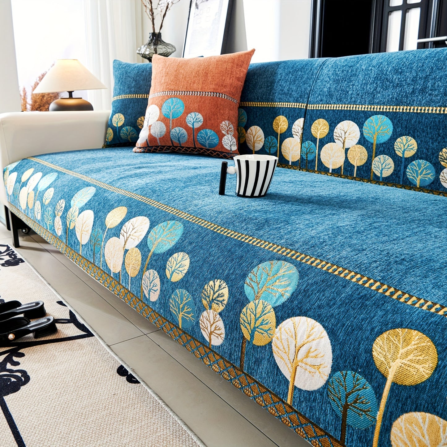 Durable Boho Chenille Sofa Cover with Tree Embroidery. Pet-friendly, slip-resistant, easy to clean. One-piece design fits various sofa sizes. Ideal for home, office, and living room decor.