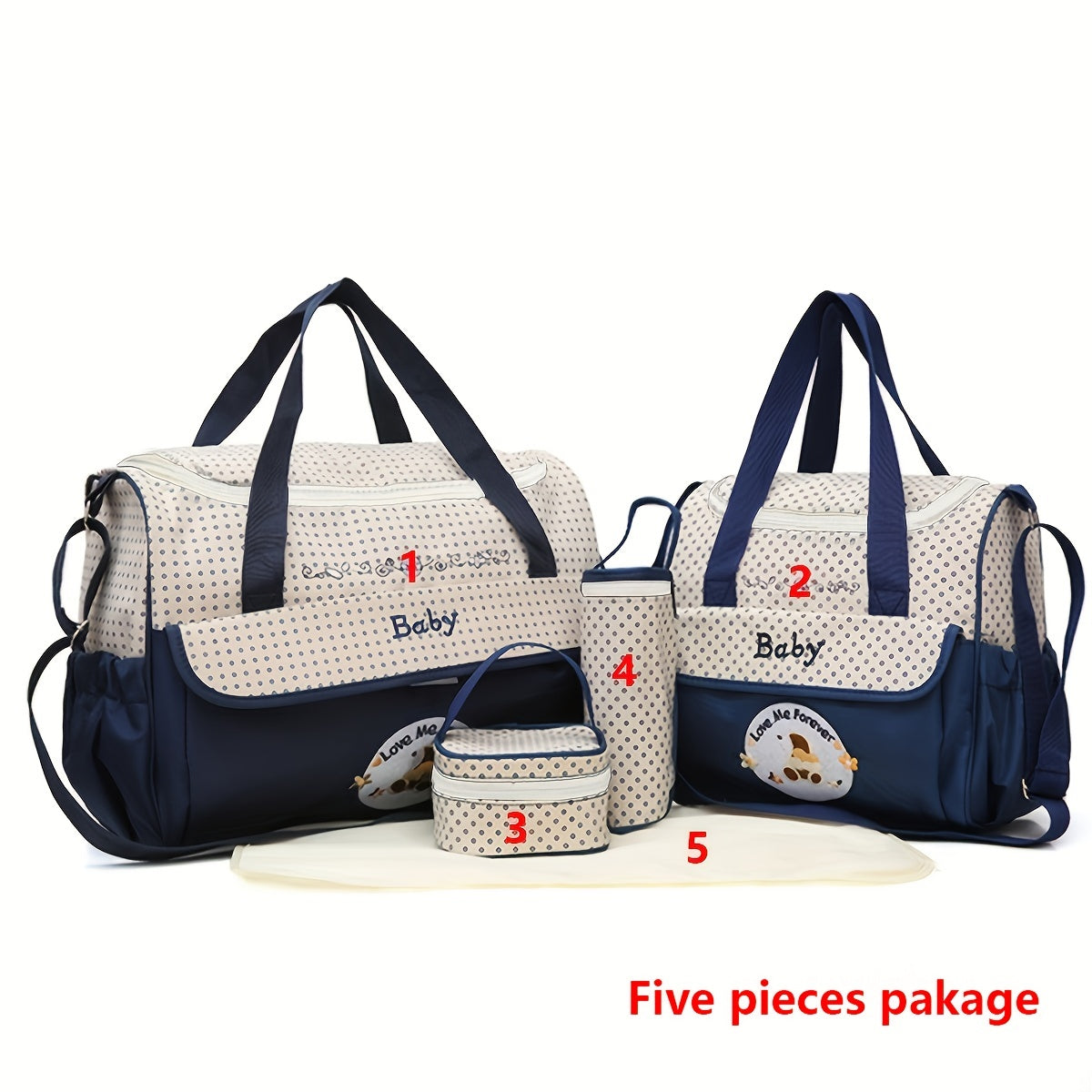 5-piece Mommy Bag Set including a Large Bag, Small Bag, Bottle Cover, Milk Powder Bag, and Diaper Pad. This multi-functional set features a large-capacity shoulder bag with a slant cross design, perfect for moms on-the-go with baby essentials.