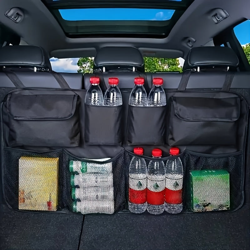 Space-saving car trunk organizer with 8 pockets, made of durable polyester, ideal for SUVs and trucks.