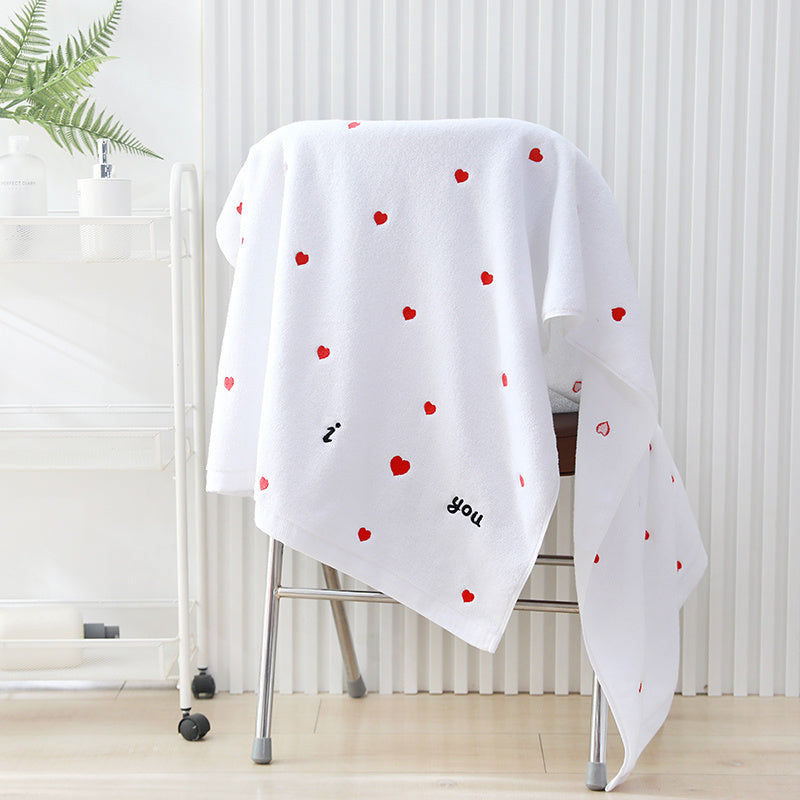 1 Set Valentine's Day Couples Towel, Heart Embroidery Design, Thick Pure Cotton Material, Includes 1 Towel + 1 Bath Towel