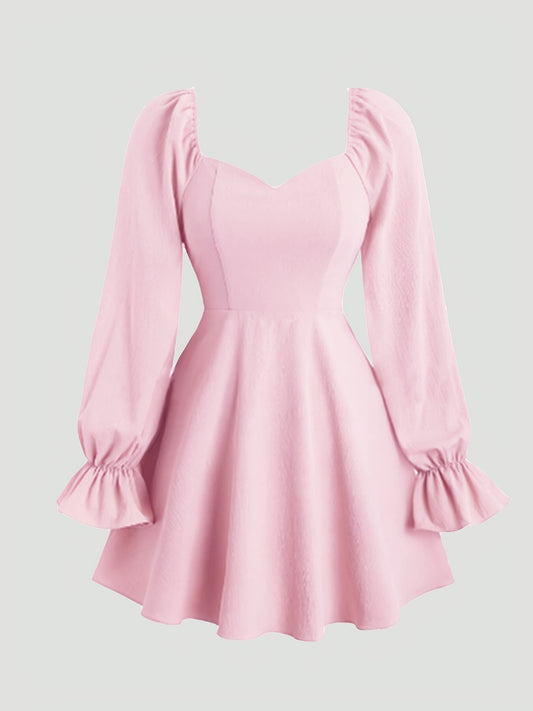 Chic pink A-line dress with ruffled long sleeves and sweetheart neckline, made of polyester, machine washable, perfect for events in spring/summer/fall.