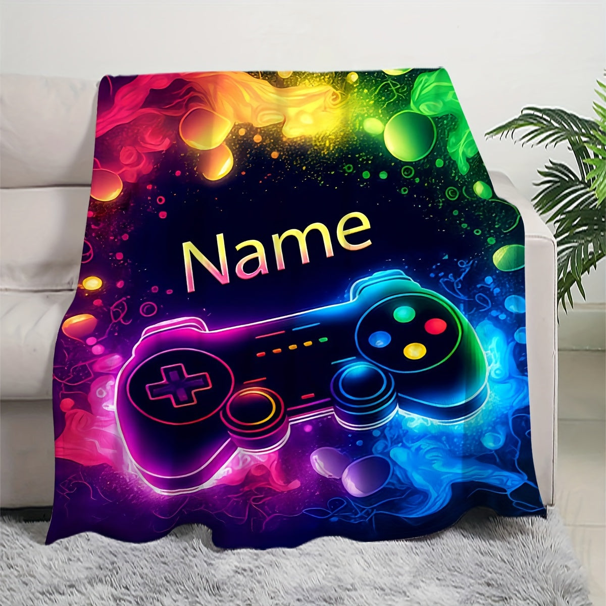 Stay warm and cozy with the 1pc CozyCraft Customizable Gaming Controller Pattern Throw Blanket. Made from lightweight flannel, this blanket is soft, warm, and allergy-free. With a digital print design, this versatile blanket is perfect for using on the