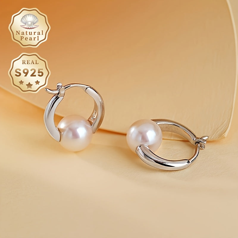 Stylish and Timeless Freshwater Pearl Hoop Earrings for Women, featuring 8-9mm Natural Gemstones on S925 Silver Posts, Perfect for June Birthdays or Any Occasion - Suitable for Daily Wear or Gifting, Versatile for All Seasons - Presented in a Beautiful