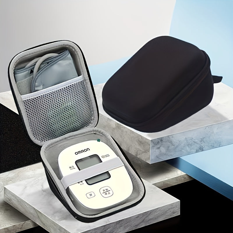 Portable blood pressure monitor case with strap for home use, organizing cuffs and digital devices.